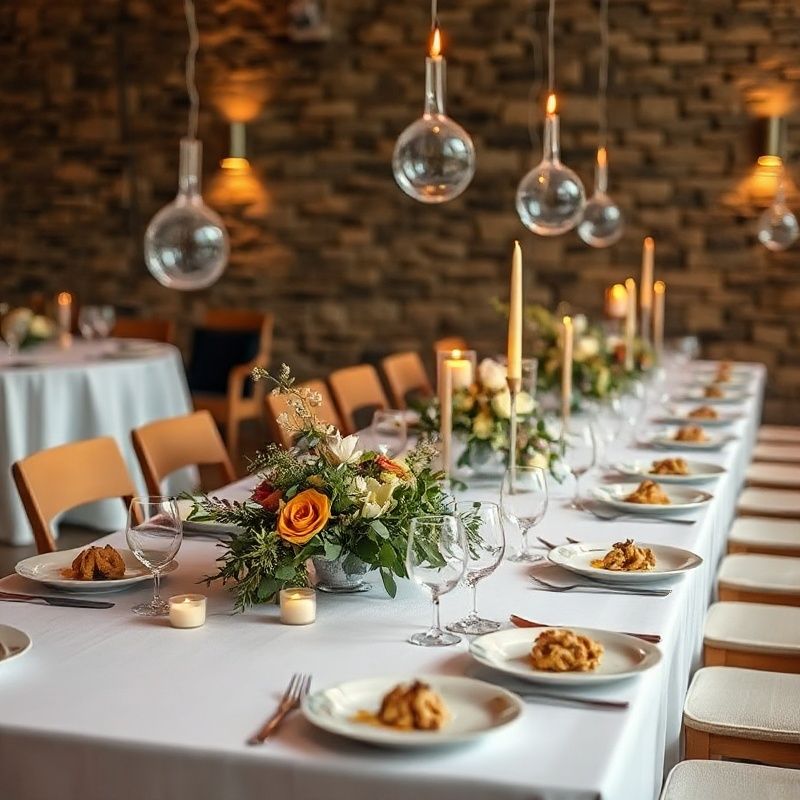 A wedding reception table set with seasonal florals and catered first courses in amber-gold tones