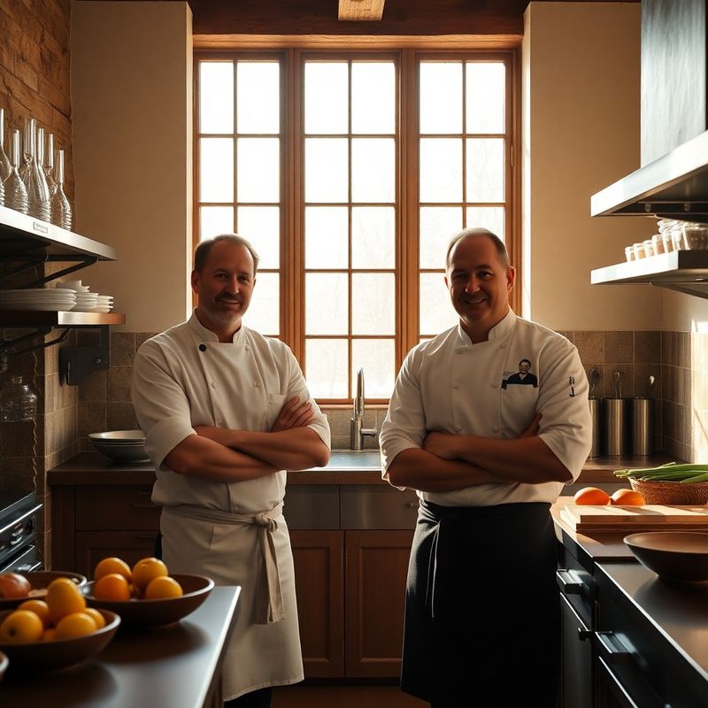 Two chefs at work in a professional kitchen bathed in warm natural light