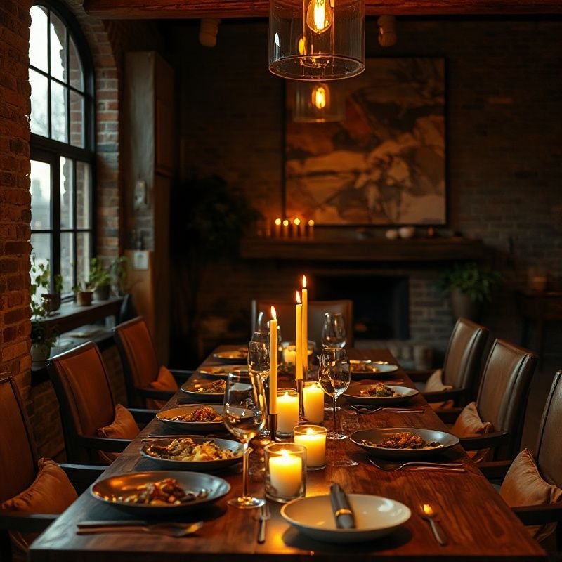 An intimate private dinner table for twelve in a Montréal loft, lit by amber-gold candlelight