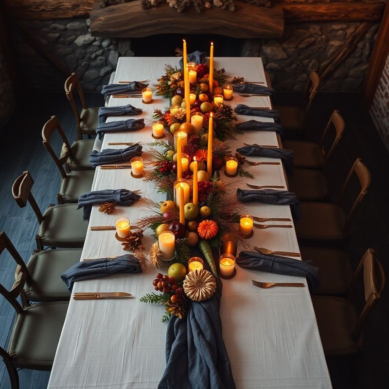 An autumn harvest table set with amber-gold candles and seasonal Québec market produce