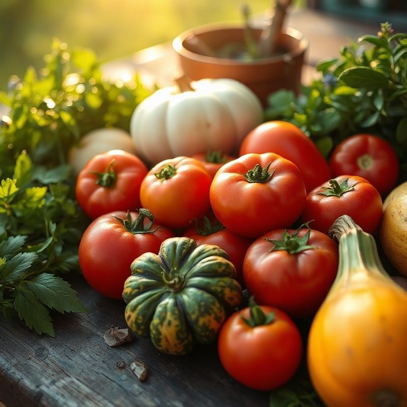 Vibrant Québec market produce — heirloom tomatoes, squash, and fresh herbs on a worn timber surface
