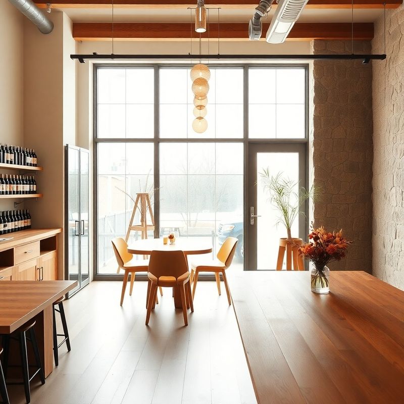 A bright Montréal studio tasting room with amber-gold accents and a single seasonal flower arrangement