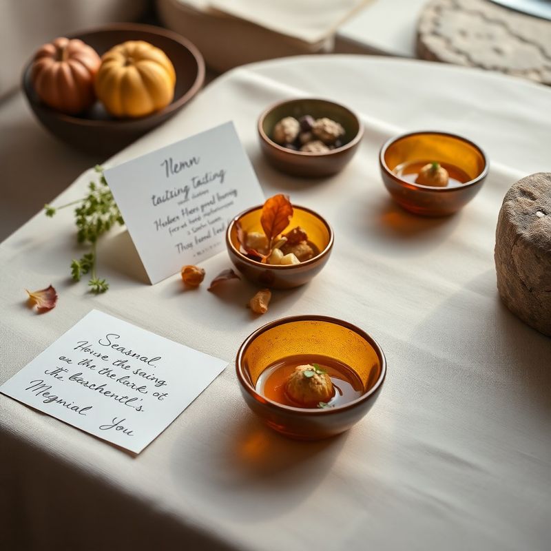 A seasonal tasting menu flat-lay with handwritten card and small tasting portions in amber-gold ceramic bowls