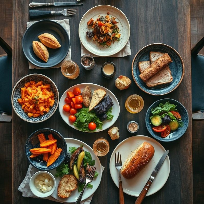 A corporate board lunch spread with seasonal vegetables and carved proteins on a dark timber conference table